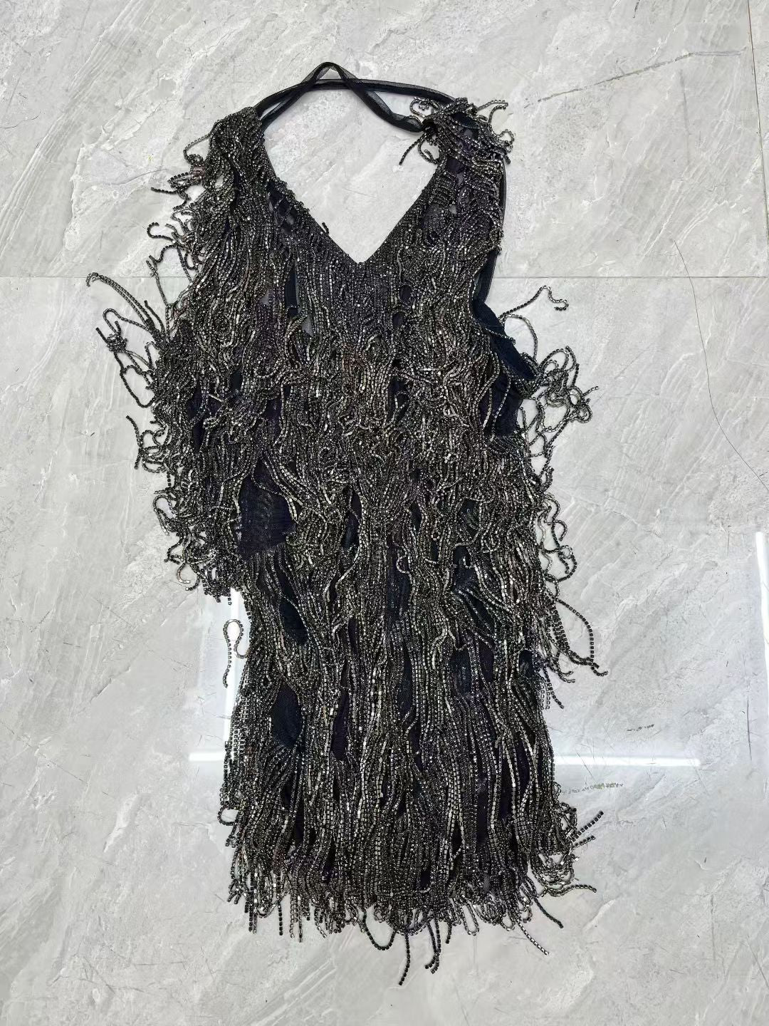 CELESINYI Tiaoyuan Crystal Black Fringe Mini Dress