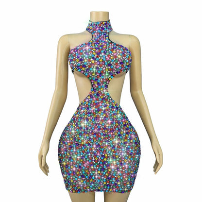Nihongdeng Colorful Diamond Hollow-Out Dress
