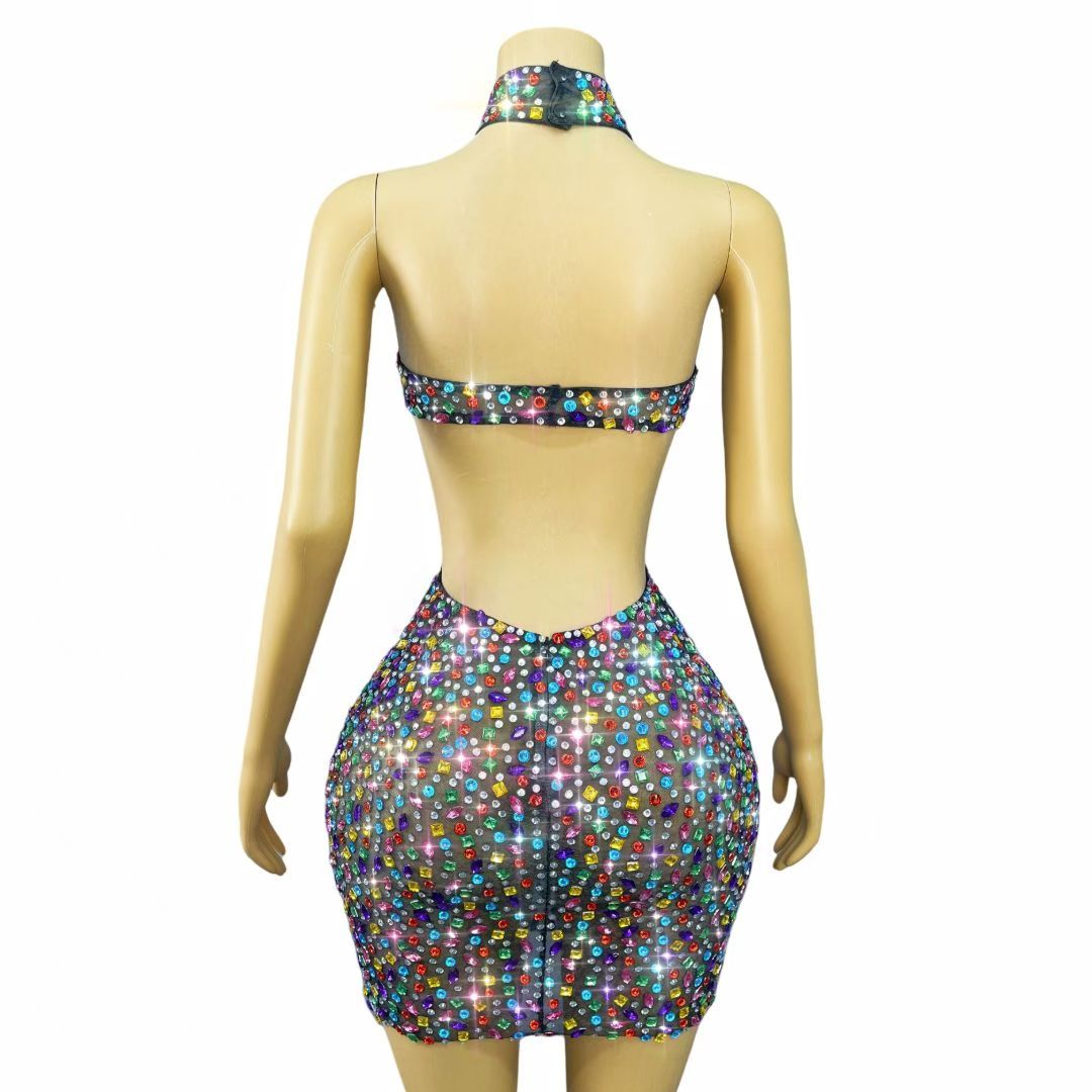 Nihongdeng Colorful Diamond Hollow-Out Dress