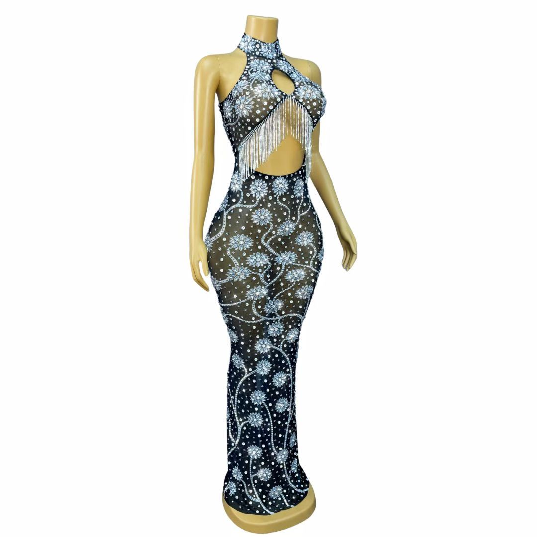 Mosanghua Elegant Diamond Floral Hollow-Cut Fringe Maxi Dress