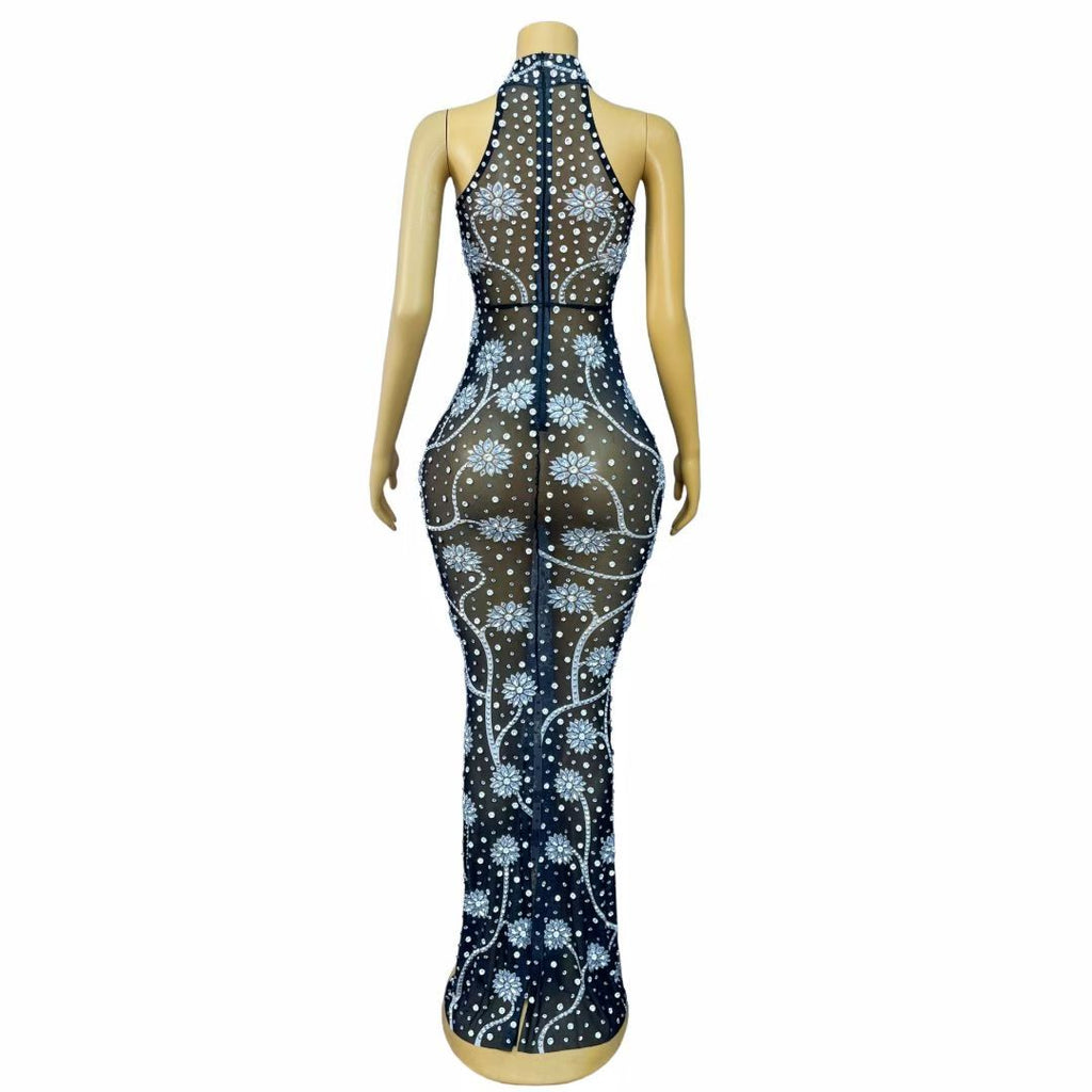 Mosanghua Elegant Diamond Floral Hollow-Cut Fringe Maxi Dress