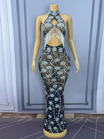 Mosanghua Elegant Diamond Floral Hollow-Cut Fringe Maxi Dress