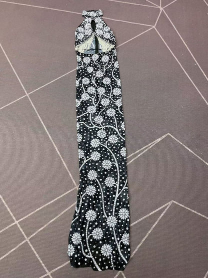 Mosanghua Elegant Diamond Floral Hollow-Cut Fringe Maxi Dress