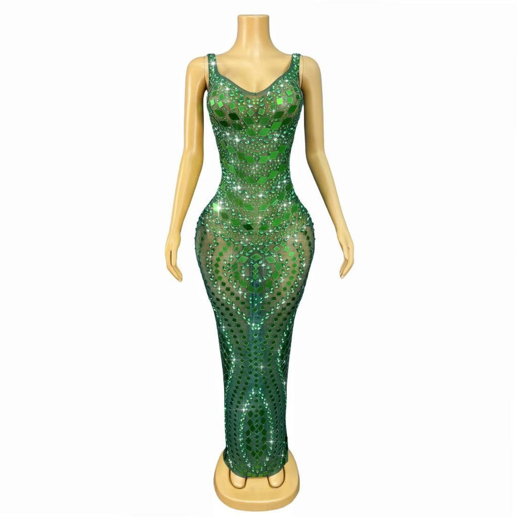 Lvyijingpian Green Lens Diamond Maxi Dress