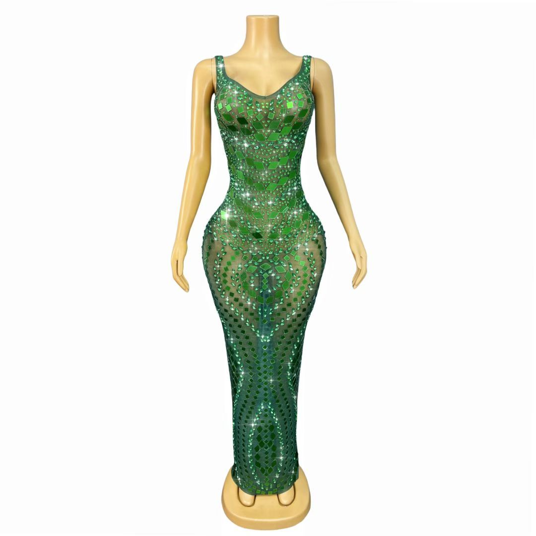 Lvyijingpian Green Lens Diamond Maxi Dress