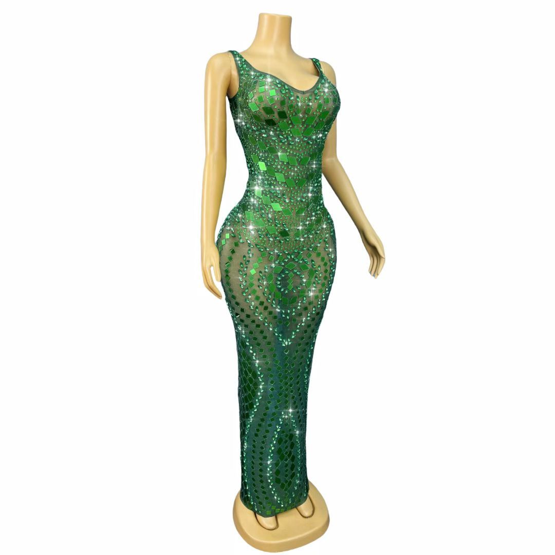Lvyijingpian Green Lens Diamond Maxi Dress
