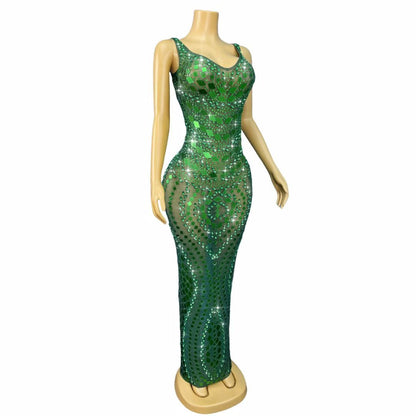 Lvyijingpian Green Lens Diamond Maxi Dress