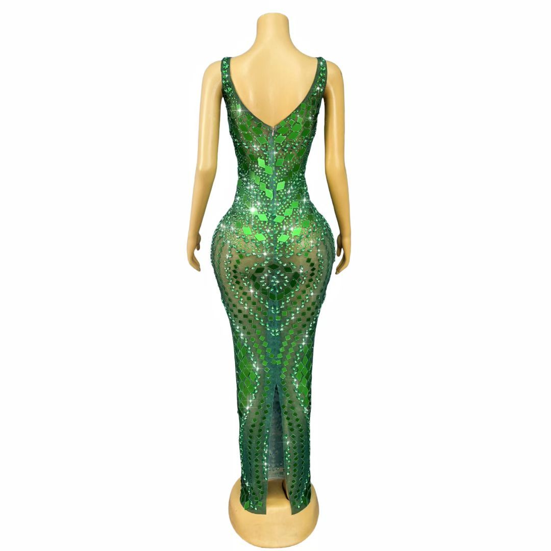 Lvyijingpian Green Lens Diamond Maxi Dress