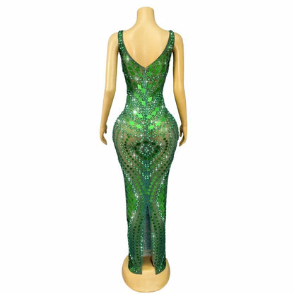Lvyijingpian Green Lens Diamond Maxi Dress