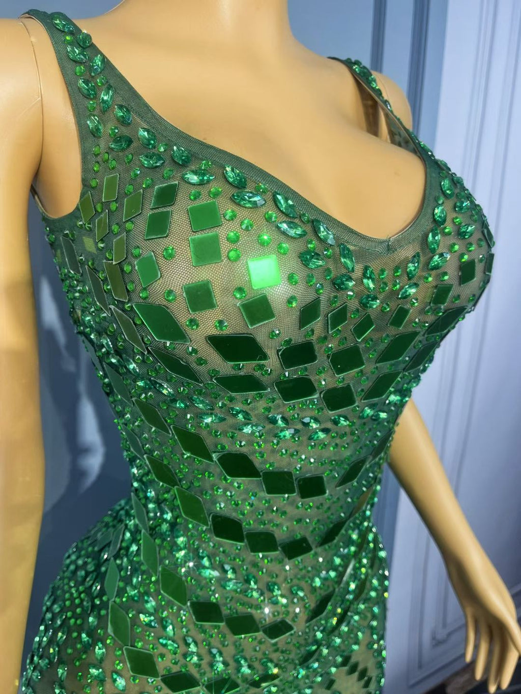Lvyijingpian Green Lens Diamond Maxi Dress