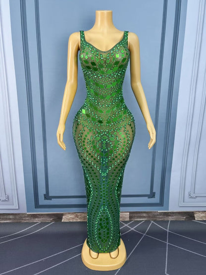 Lvyijingpian Green Lens Diamond Maxi Dress