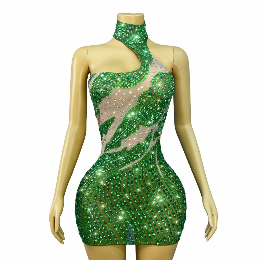 Lvlin Asymmetrical Design Green Rhinestone Backless Mini Dress
