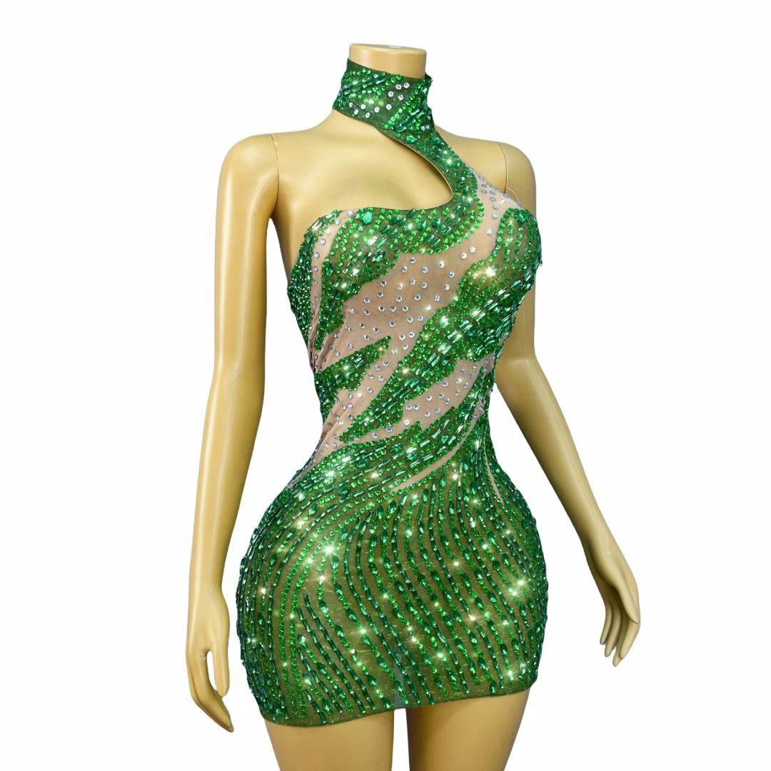 Lvlin Asymmetrical Design Green Rhinestone Backless Mini Dress