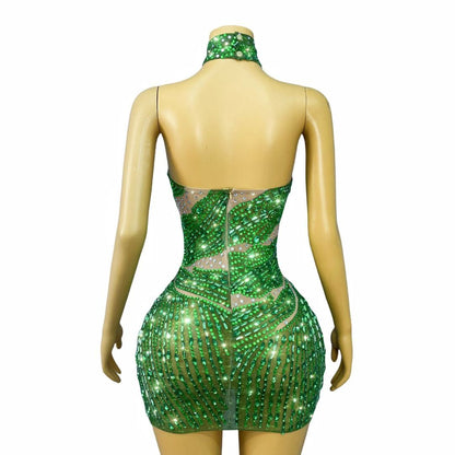 Lvlin Asymmetrical Design Green Rhinestone Backless Mini Dress