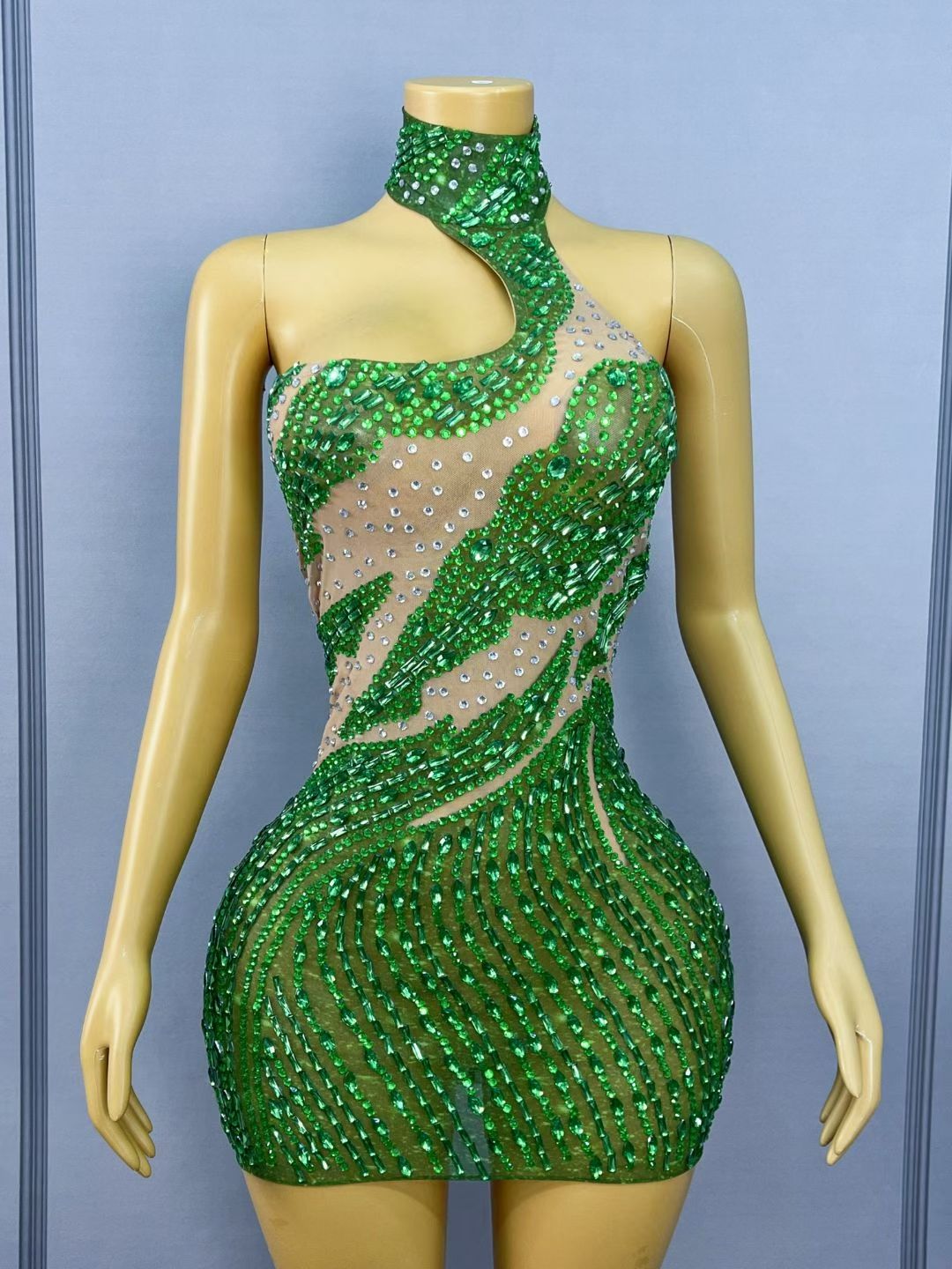 Lvlin Asymmetrical Design Green Rhinestone Backless Mini Dress