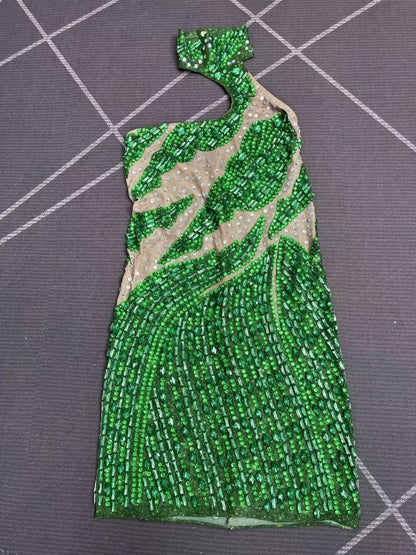 Lvlin Asymmetrical Design Green Rhinestone Backless Mini Dress