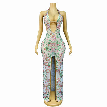 Lvhuaduo Diamond Floral High-Slit Strapless Maxi Dress