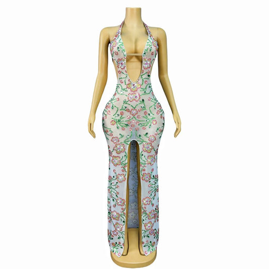 Lvhuaduo Diamond Floral High-Slit Strapless Maxi Dress