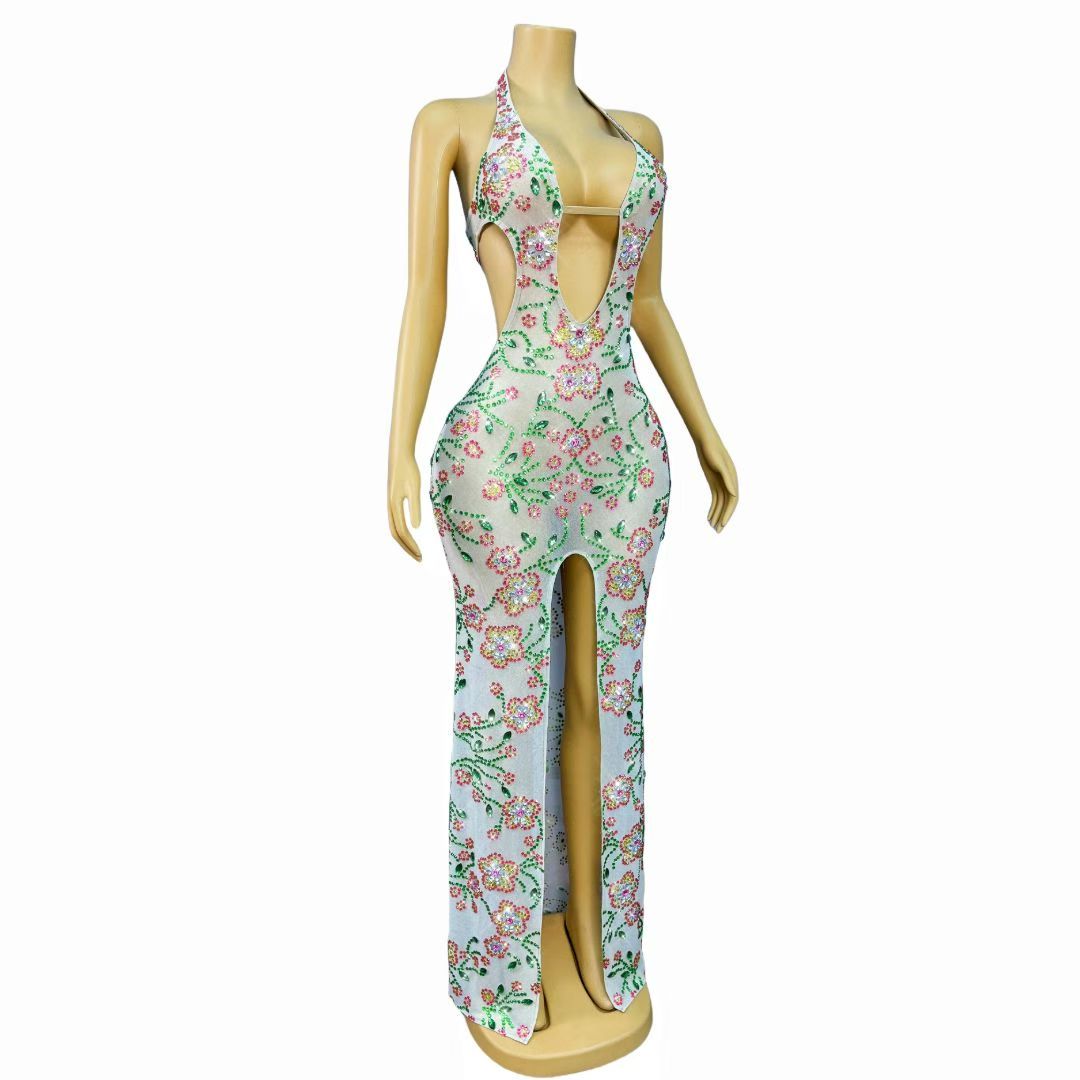 Lvhuaduo Diamond Floral High-Slit Strapless Maxi Dress