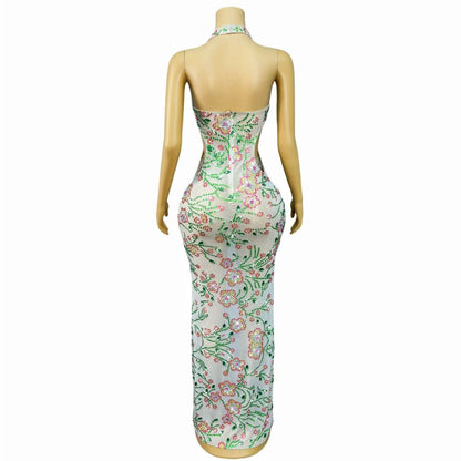 Lvhuaduo Diamond Floral High-Slit Strapless Maxi Dress