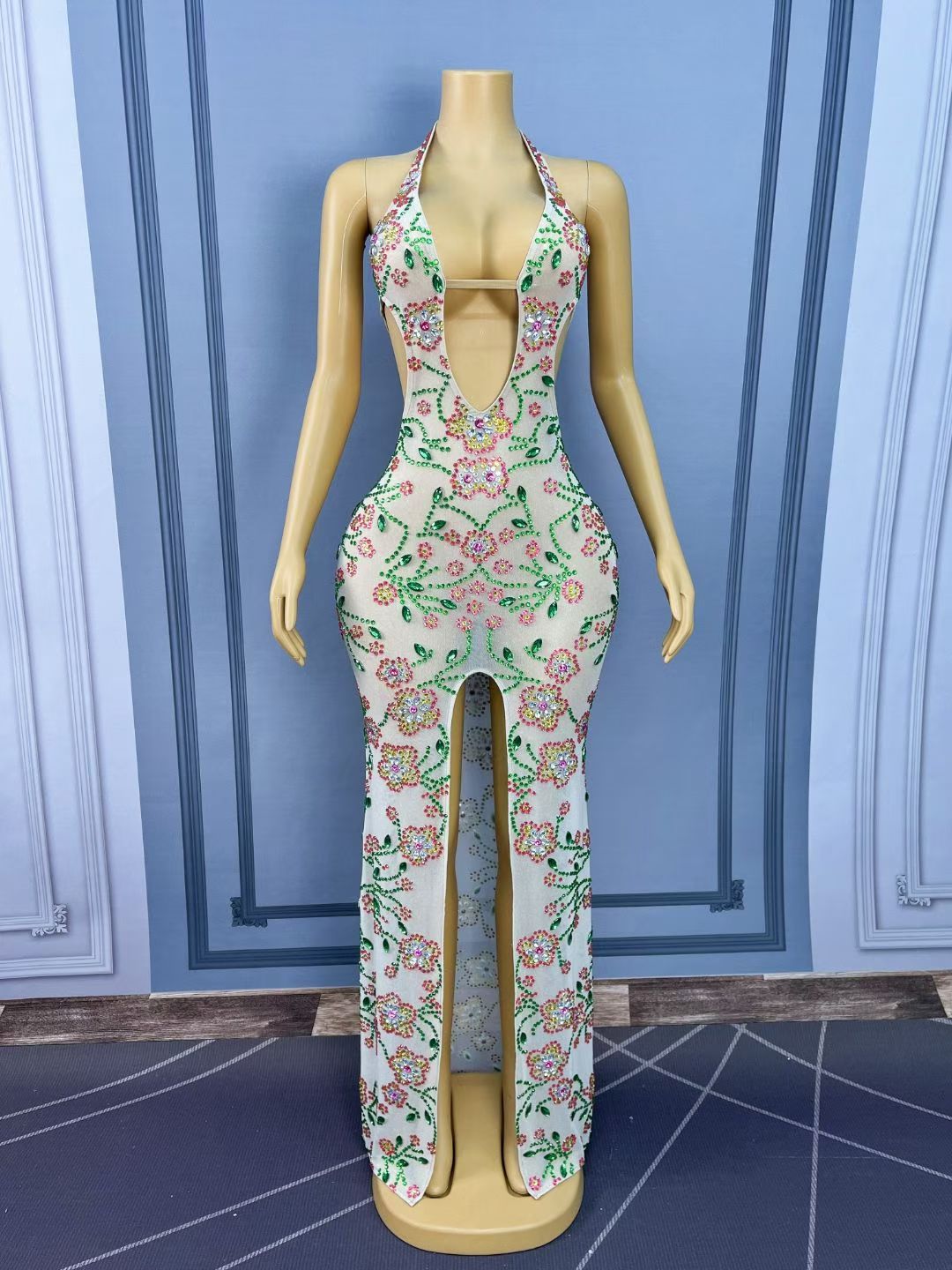 Lvhuaduo Diamond Floral High-Slit Strapless Maxi Dress