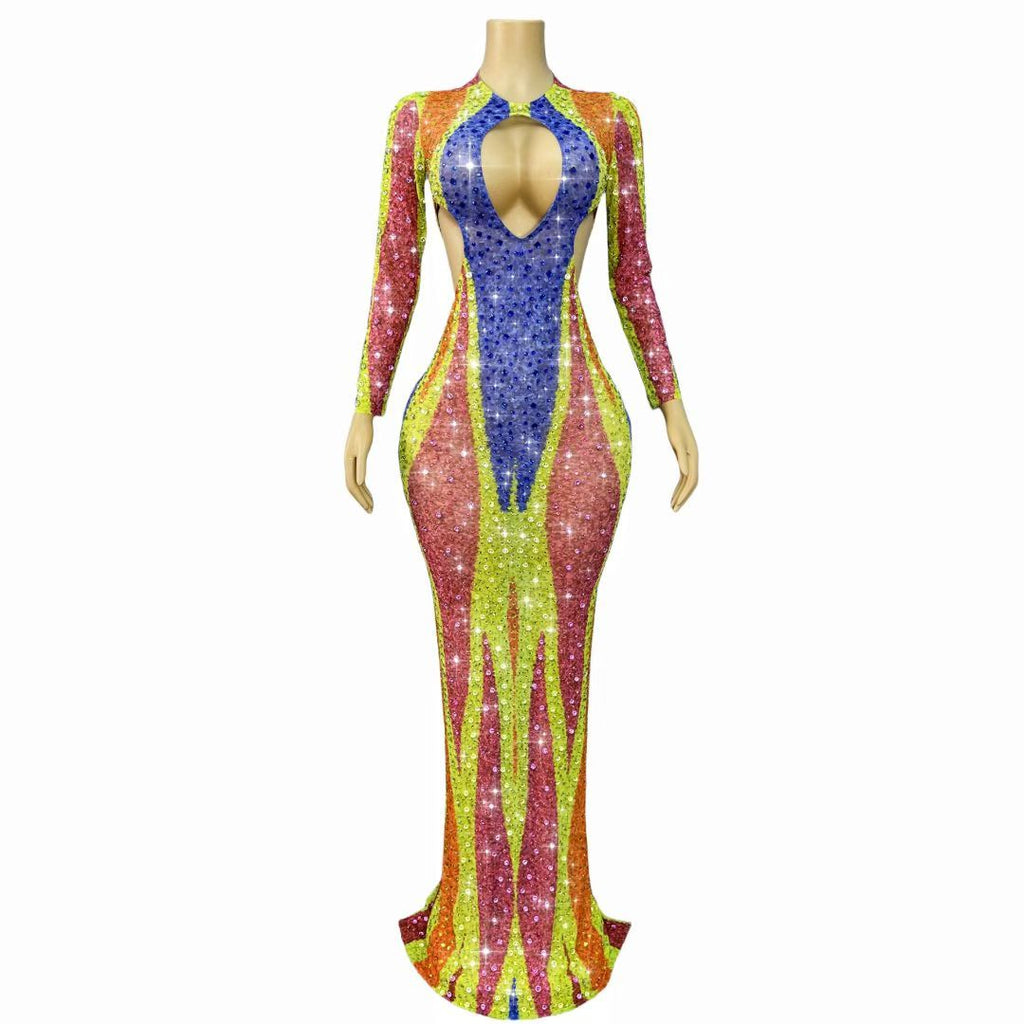 Liucai Colorful Hollow-out Diamond Long Dress
