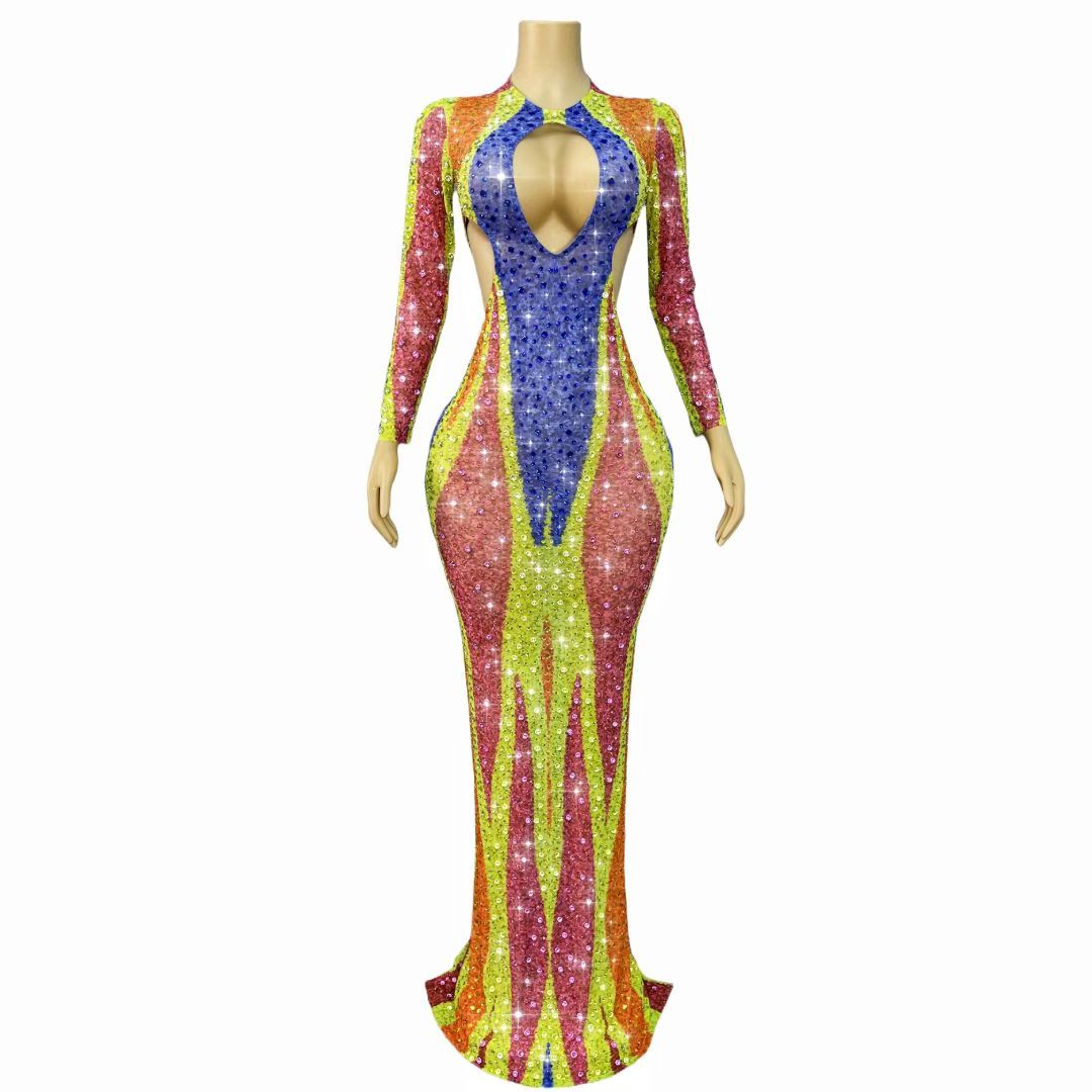 Liucai Colorful Hollow-out Diamond Long Dress