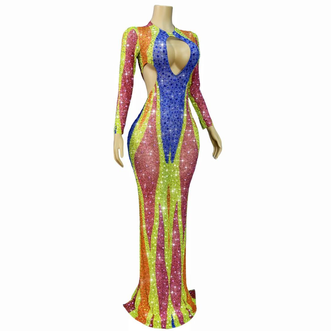 Liucai Colorful Hollow-out Diamond Long Dress