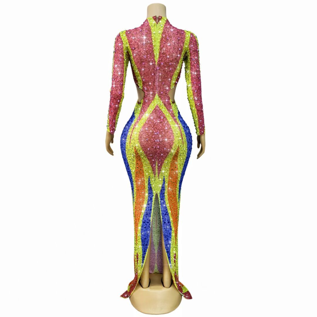 Liucai Colorful Hollow-out Diamond Long Dress