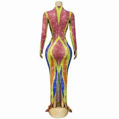 Liucai Colorful Hollow-out Diamond Long Dress