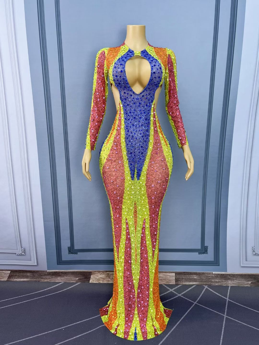 Liucai Colorful Hollow-out Diamond Long Dress