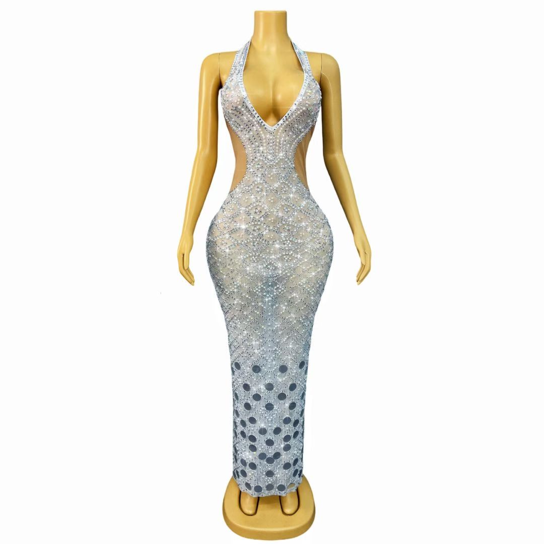 Langchao Strapless Deep V-Neck Pearl and Rhinestone Mirror Long Dress