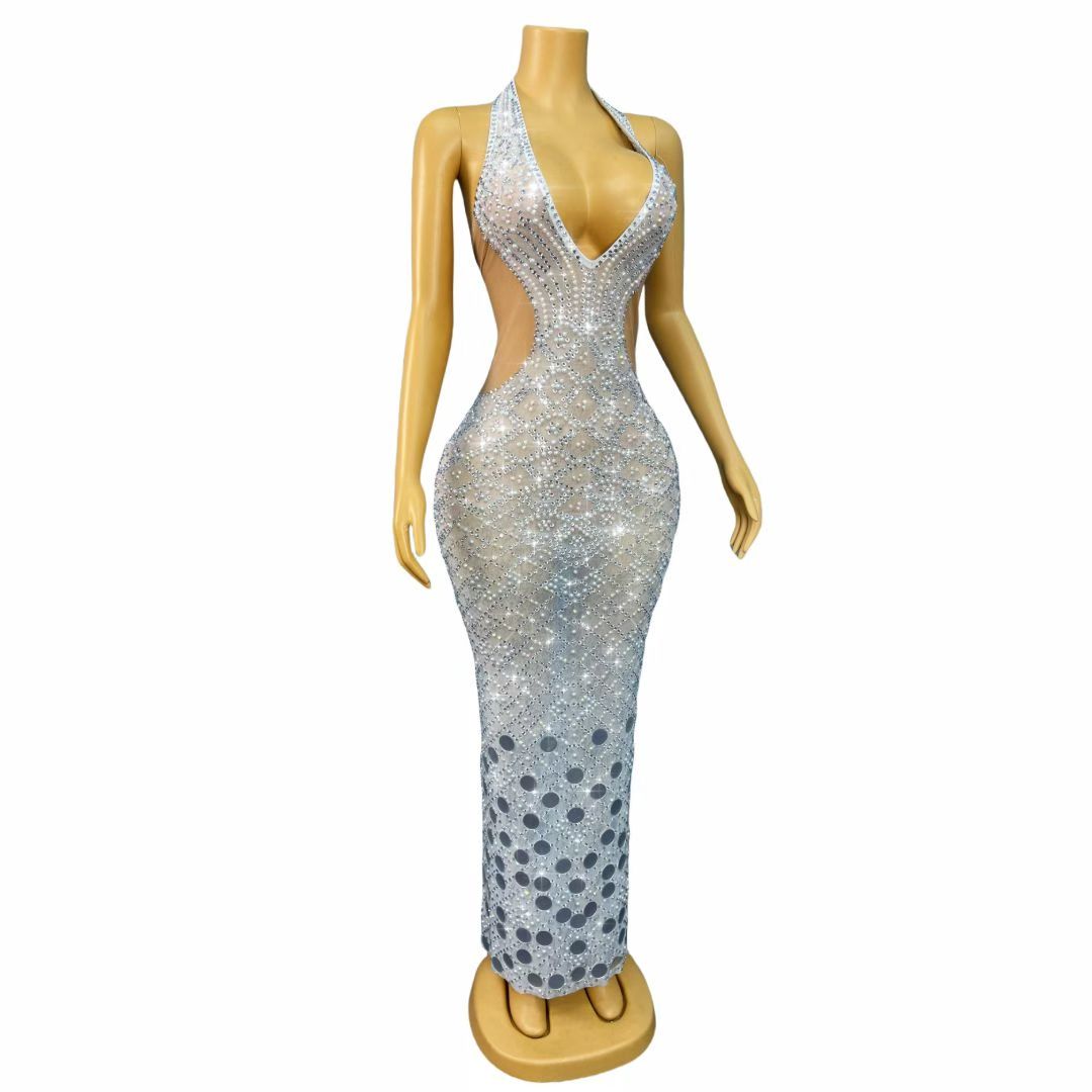 Langchao Strapless Deep V-Neck Pearl and Rhinestone Mirror Long Dress