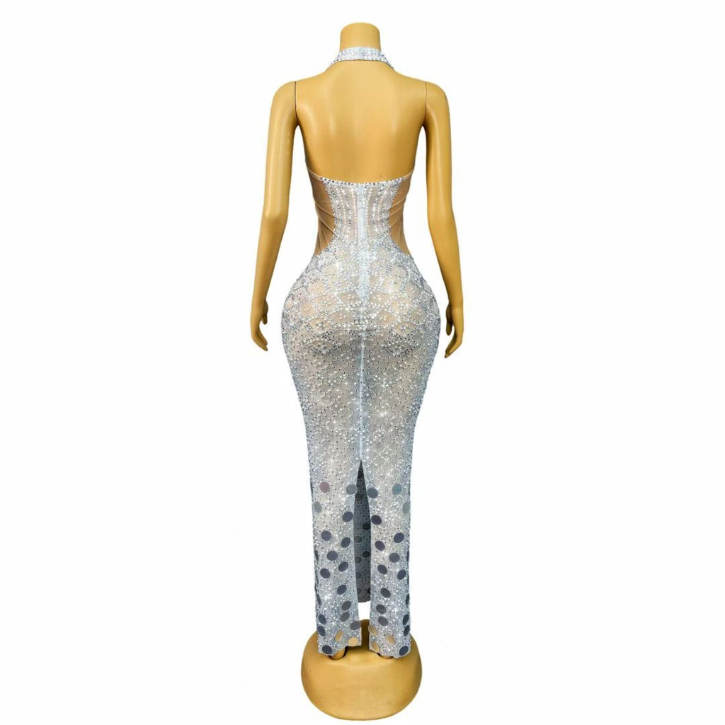 Langchao Strapless Deep V-Neck Pearl and Rhinestone Mirror Long Dress