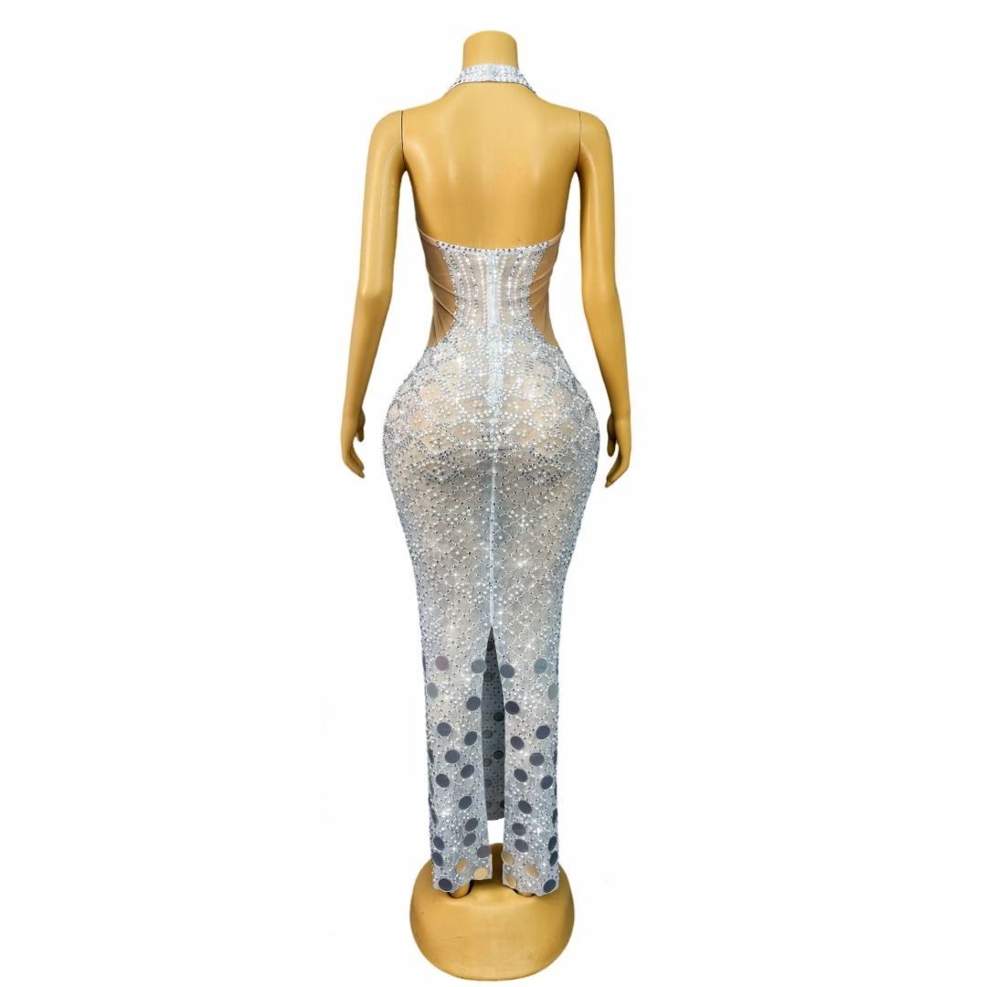 Langchao Strapless Deep V-Neck Pearl and Rhinestone Mirror Long Dress