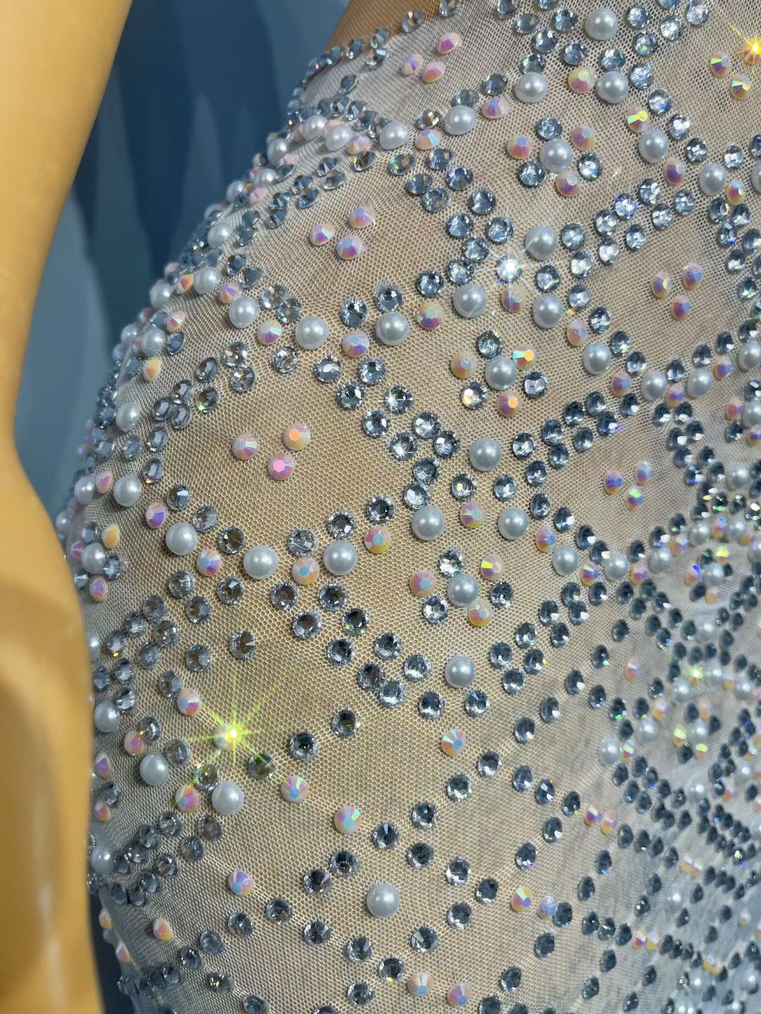 Langchao Strapless Deep V-Neck Pearl and Rhinestone Mirror Long Dress