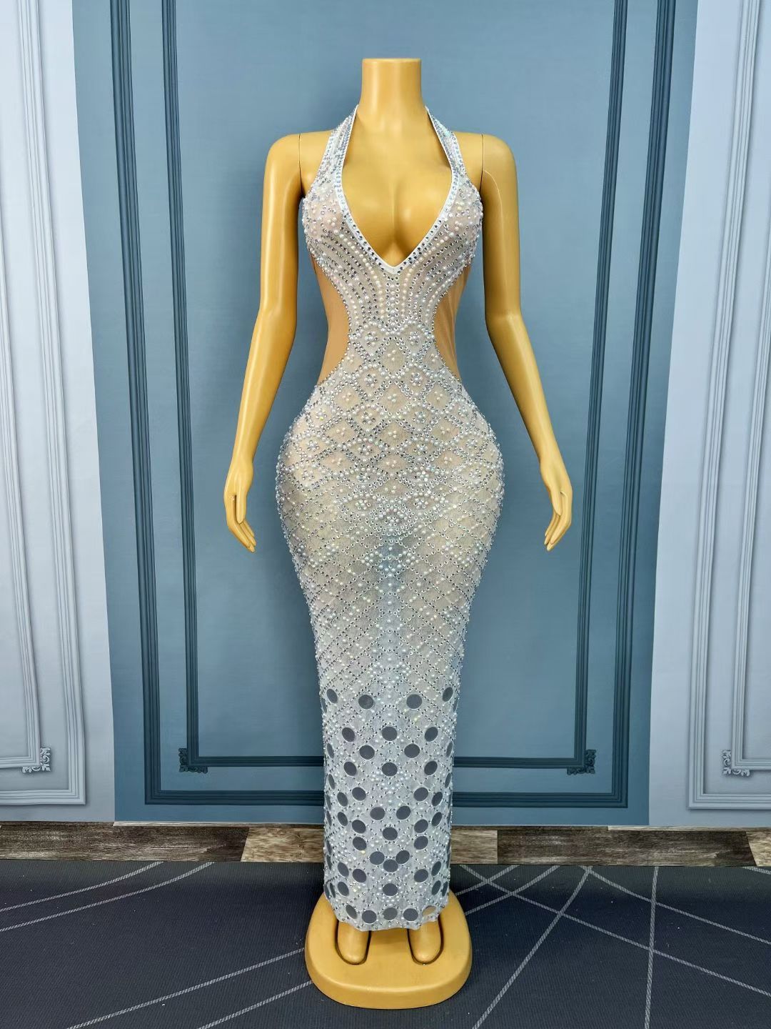 Langchao Strapless Deep V-Neck Pearl and Rhinestone Mirror Long Dress