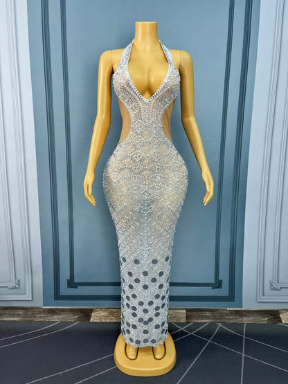 Langchao Strapless Deep V-Neck Pearl and Rhinestone Mirror Long Dress