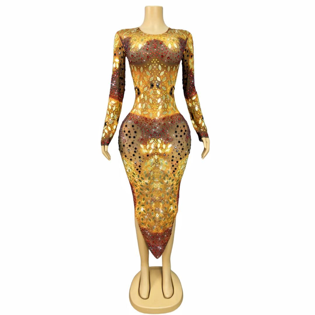 Jinwu Mirror-effect Rhinestone Long-sleeve Dress
