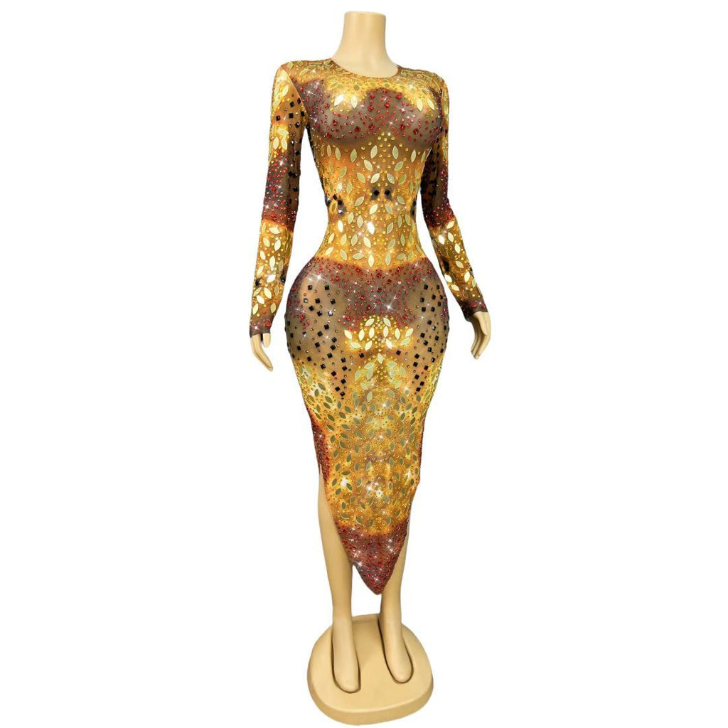 Jinwu Mirror-effect Rhinestone Long-sleeve Dress