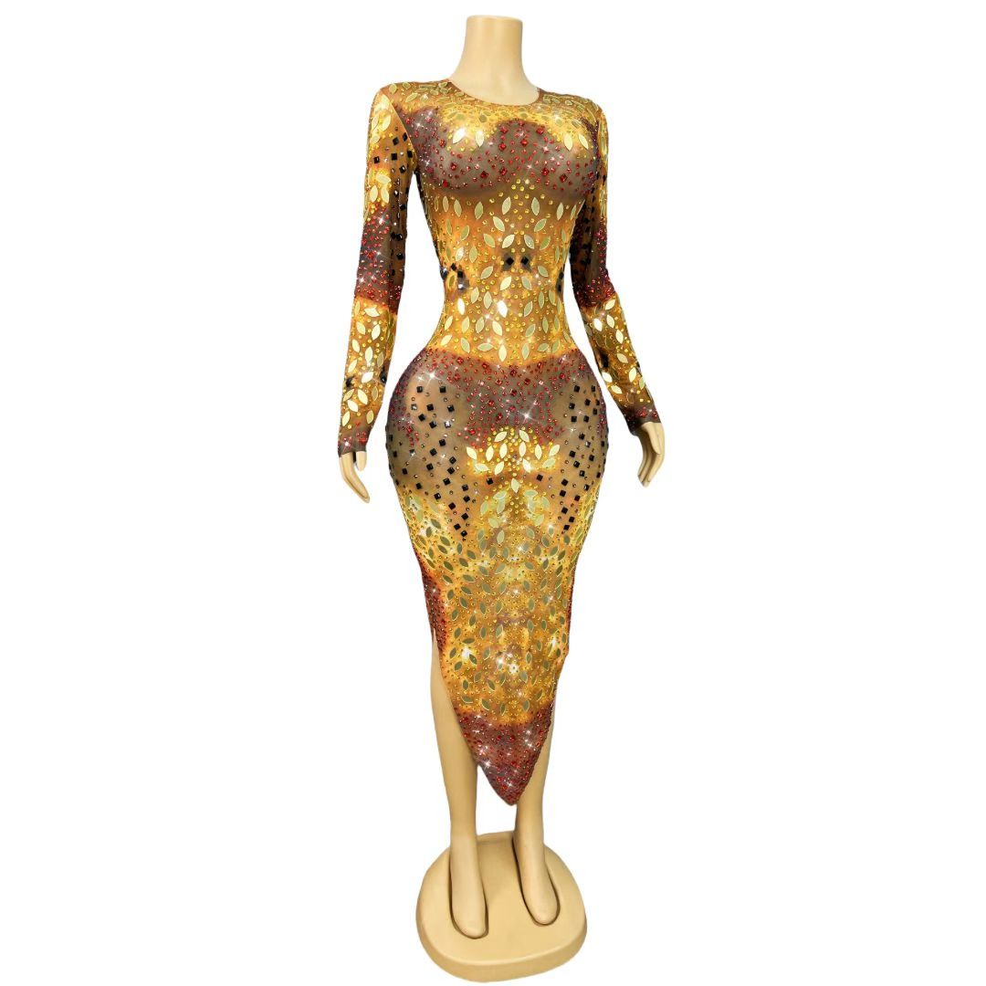 Jinwu Mirror-effect Rhinestone Long-sleeve Dress