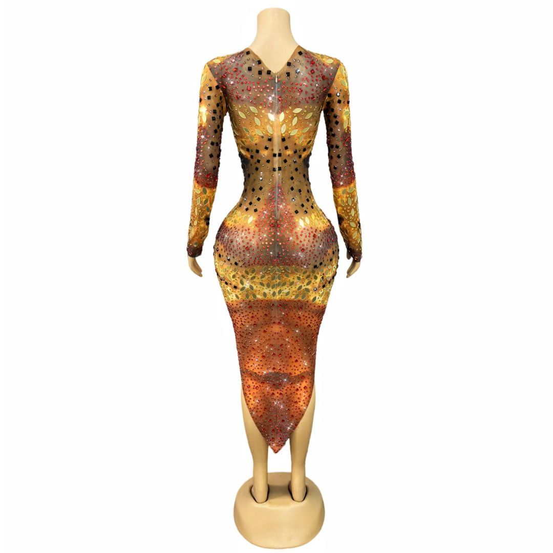 Jinwu Mirror-effect Rhinestone Long-sleeve Dress