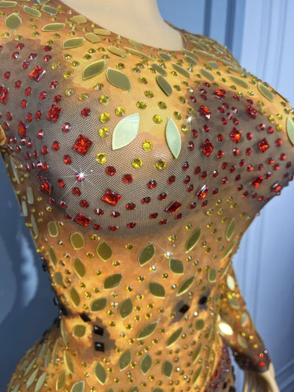 Jinwu Mirror-effect Rhinestone Long-sleeve Dress