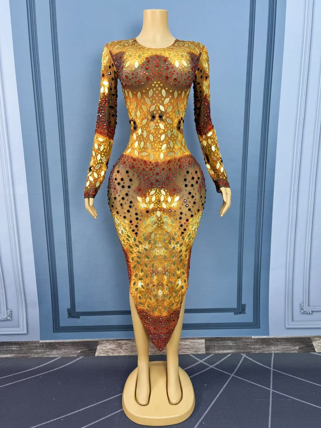 Jinwu Mirror-effect Rhinestone Long-sleeve Dress