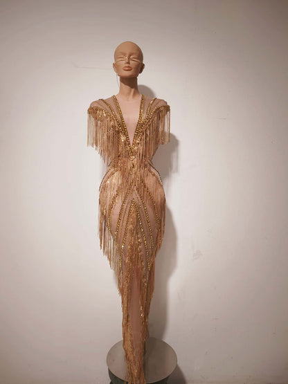 Shexian Golden Sequin Tassel Rhinestone Banquet Dress