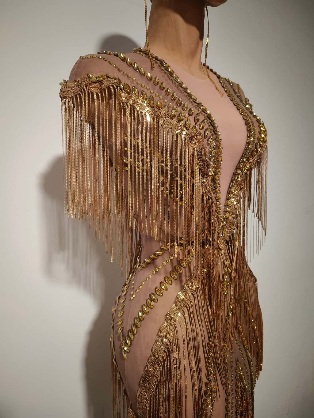 Shexian Golden Sequin Tassel Rhinestone Banquet Dress