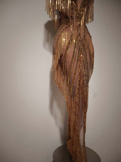 Shexian Golden Sequin Tassel Rhinestone Banquet Dress