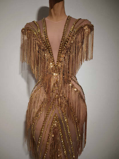Shexian Golden Sequin Tassel Rhinestone Banquet Dress