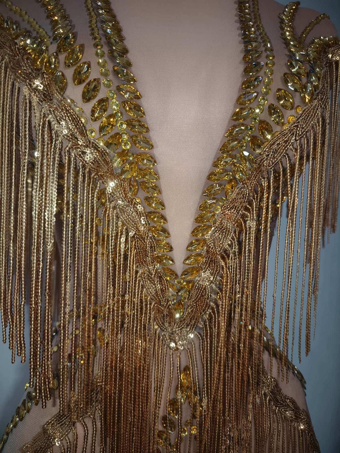 Shexian Golden Sequin Tassel Rhinestone Banquet Dress
