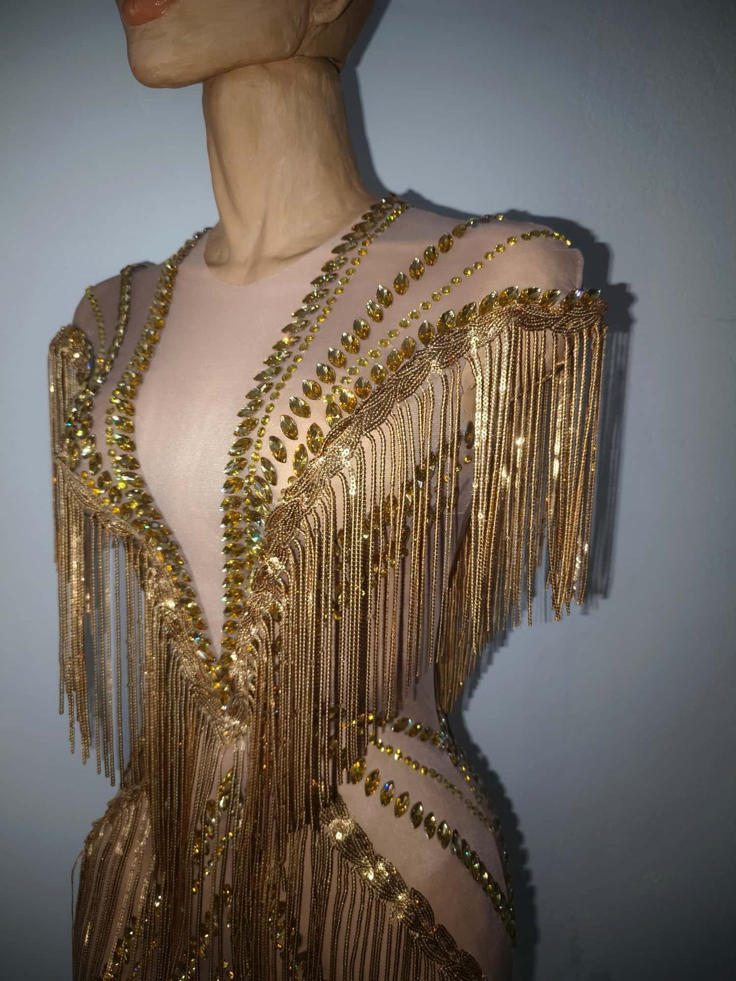 Shexian Golden Sequin Tassel Rhinestone Banquet Dress